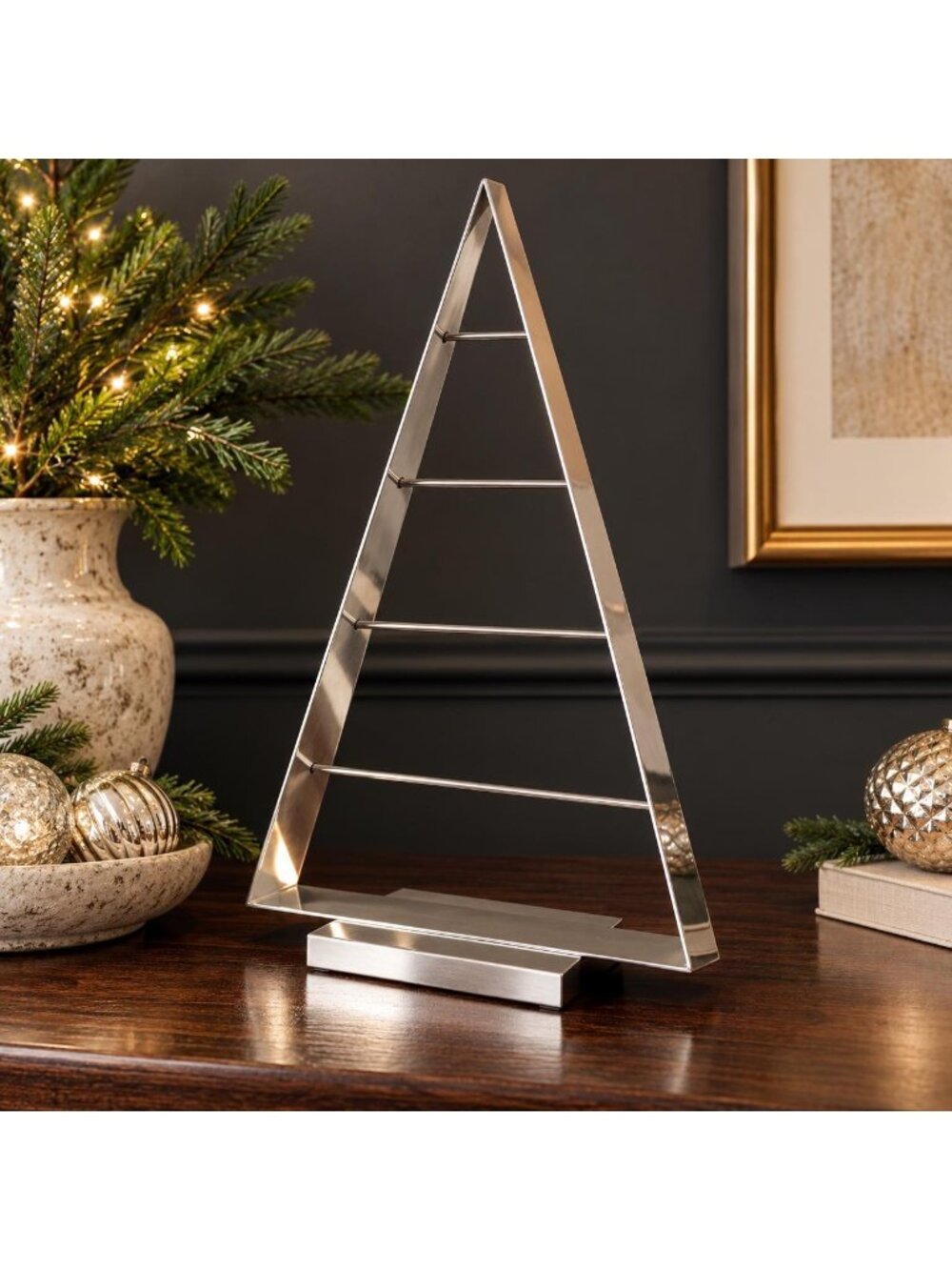 Silver Metal Christmas Tree Tabletop Sculpture Minimalist Holiday Decor